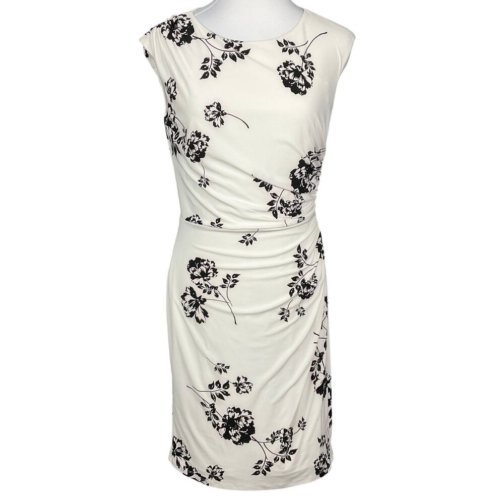LAUREN RALPH LAUREN Dress Ruched Sleeveless White Black Floral Print sz 6 8P - Picture 6 of 16